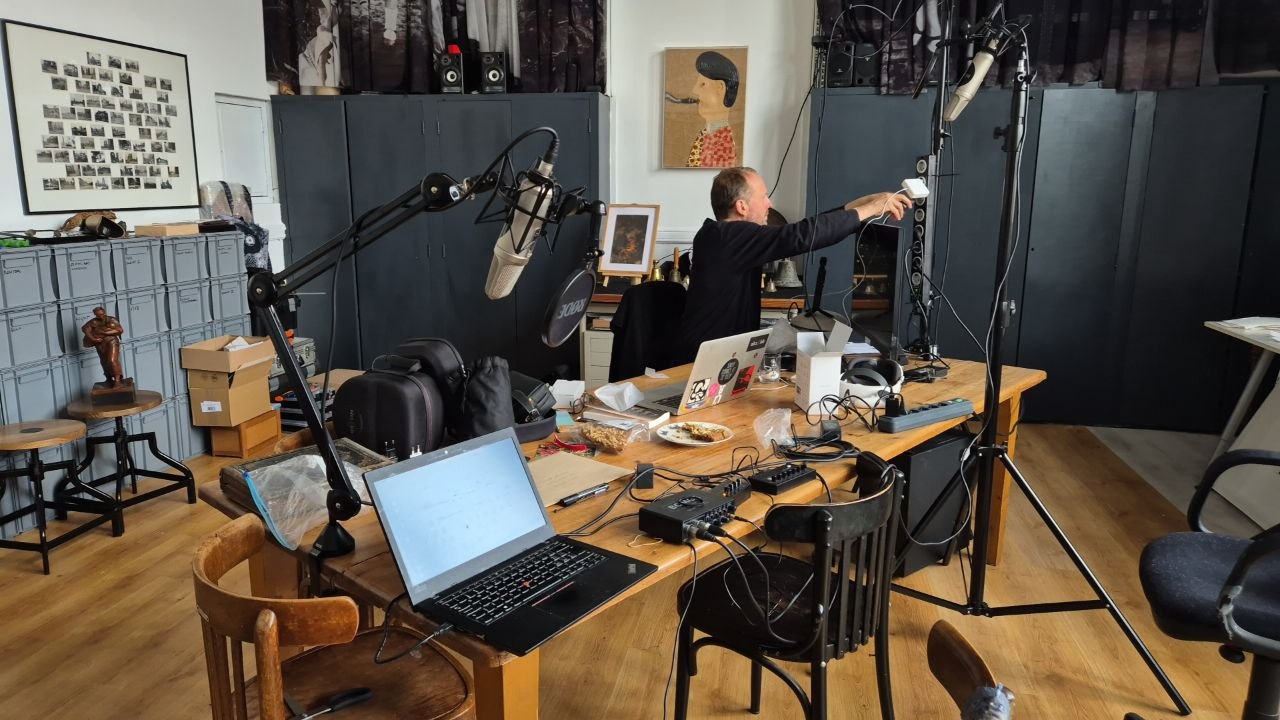 Working to set up the space, in and around